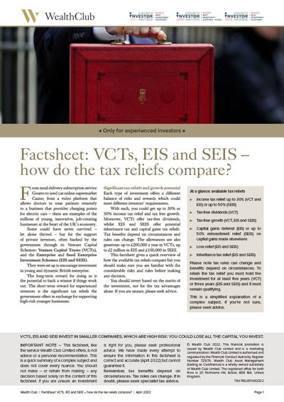 Vct Eis And Seis Tax Reliefs Compared Free Factsheet 5148