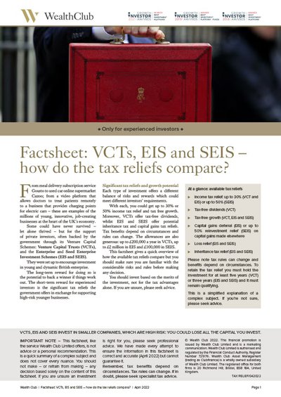 Factsheet: VCT, EIS and SEIS tax reliefs compared